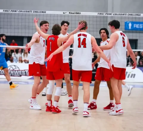 Ohio State Men's Volleyball Team hudles after a point during their match against UCLA