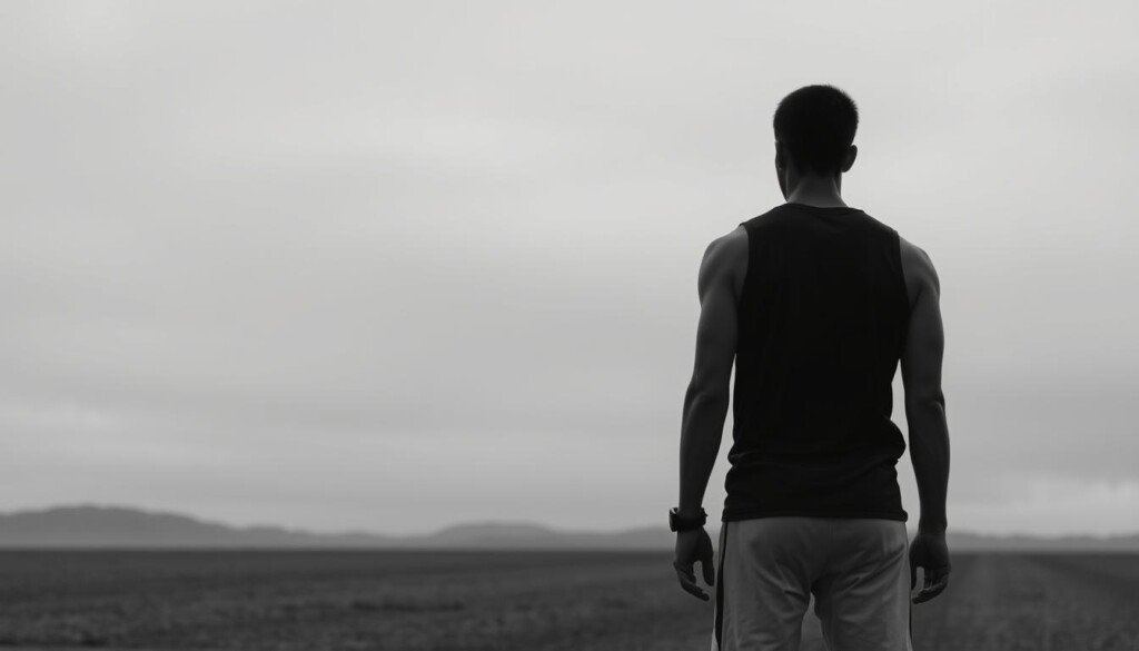 A desolate landscape void of any personal branding elements. In the foreground, a lone athlete stands, their silhouette stark against a bleak, monochromatic background. The sky is a muted, overcast gray, casting a somber, introspective mood. The athlete's posture is contemplative, their gaze fixed on the horizon, suggesting a lack of personal identity or direction. In the middle ground, a minimalist, unadorned environment devoid of any signifiers or markers. The lighting is flat, emphasizing the emptiness and absence of personal branding. The composition is simple, with a clean, minimalist aesthetic, drawing the viewer's attention to the central figure and the concept of "nil personal branding strategy".