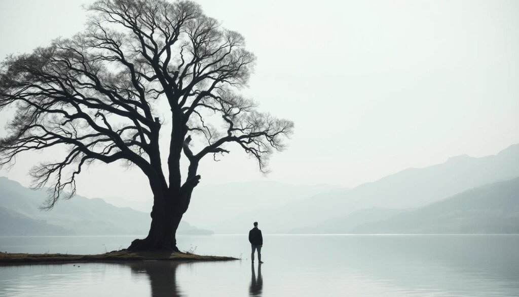 A serene, minimalist landscape with a tranquil lake reflecting the cloudless sky. In the foreground, a lone figure stands, gazing out at the still waters, their silhouette framed by the gentle curves of rolling hills. The mid-ground is dominated by a towering, ancient tree, its branches reaching skyward, casting a soft, dappled light across the scene. The background is hazy, with distant mountains fading into the horizon, evoking a sense of peace and solitude. The overall mood is one of introspection and contemplation, with a subtle, ethereal quality to the lighting and composition.